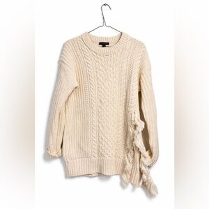 J. Crew Cream Cable-Knit Crewneck Sweater with Fringe
